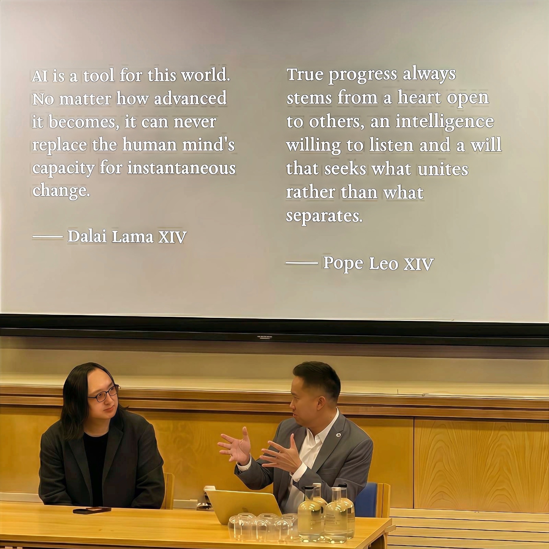 Audrey Tang (left), Taiwan's cyber ambassador, first digital minister, architect of the Taiwan Model for digital diplomacy and 2025 Right Livelihood laureate, listens as Dr Bo-Jiun Jing (right), senior research fellow and programme manager in Taiwan Studies at the Oxford School of Global and Area Studies, discusses AI-related words of wisdom from His Holiness the Dalai Lama and Pope Leo XIV during the Outrage to Overlap: Civic AI and 6-Pack of Care talk at the Nissan Institute of Japanese Studies, St. Antony's College, University of Oxford, in the U.K.